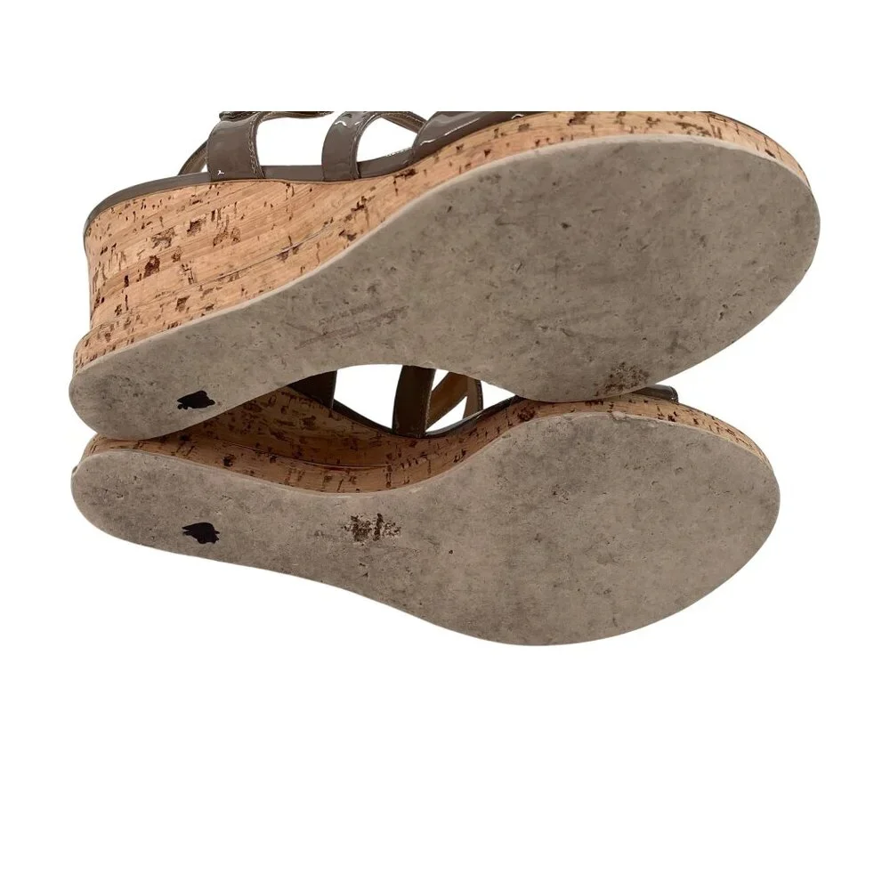 Salvatore Ferragamo Brown Patent Leather Cork‎ Wedge Sandals Adjustable 9.5